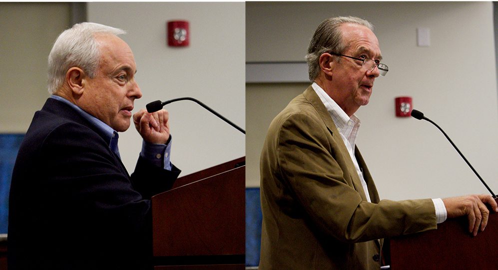 (Left) Commissioner-elect Barry Laub and Commissioner-elect Steve Hosmer at H2GO's board meeting in October. (Port City Daily photo/Johanna Ferebee)