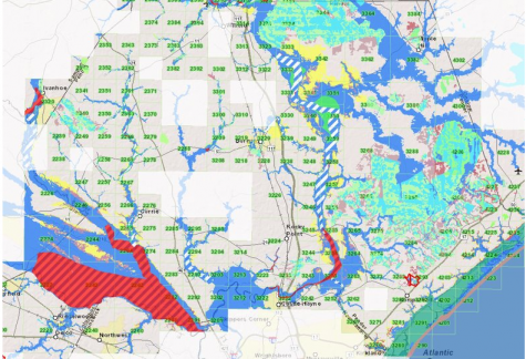 An ‘Areas of Change’ map presented to commissioners Monday evening. Areas marked in red are more restrictive in terms of development, while areas marked in green are less restrive, according to Pender County Planning Director Kyle Breuer. (Map courtesy Pender County)