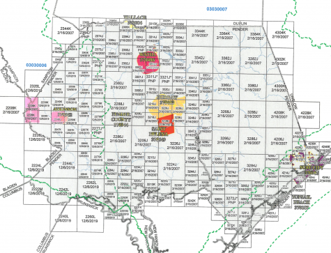 All FIRM panels west of the green line, running north to south down Pender County, were adopted by commissioners this week. Those marked in pink were not included in the most recent study completed by FEMA and the state due to budget constraints and limited development activity in the area. (Map courtesy Pender County)