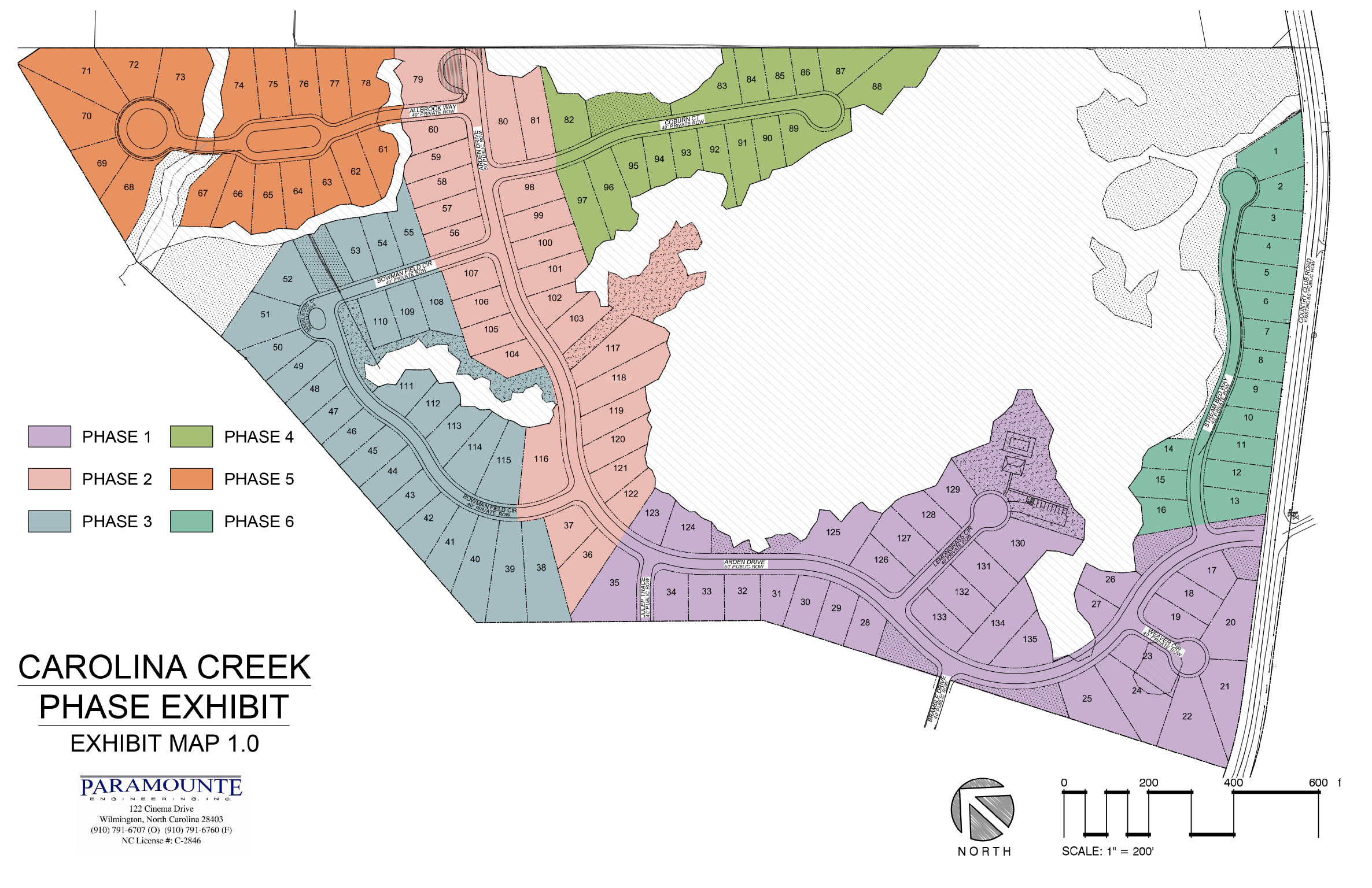 The planned phases of the Carolina Creek development in Hampstead. The project also includes a second set of plans called Carolina Creek Extension, including 54 additional homes, which was tabled earlier this week. (Plans courtesy Pender County)