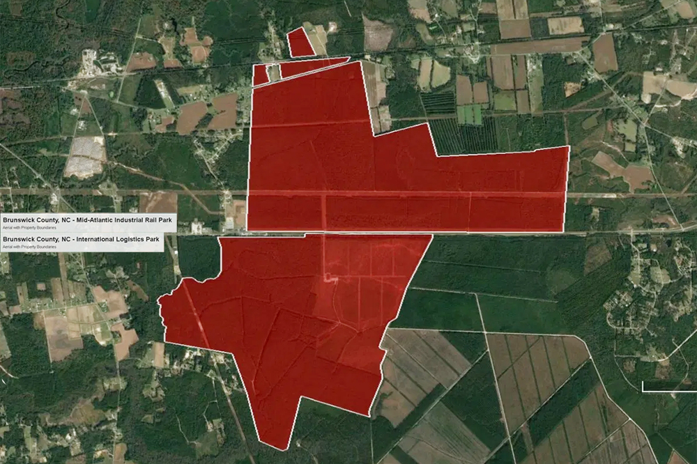 (Above parcel) The Mid-Atlantic Industrial Rail Park and (below parcel) the International Logistics Park of NC are located on the Brunswick-Columbus County line and could soon receive water service. (Port City Daily photo/Courtesy Goole Maps, Brunswick Business & Industry Development)