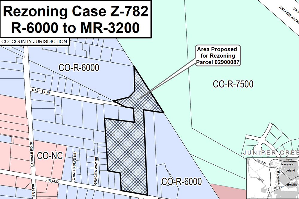 A 16-acre Brunswick County parcel was rezoned to multi-family residential, marking the sixth zoning designation and third rezoning request from the property since 2012. (Port City Daily screenshot/Courtesy Brunswick County)