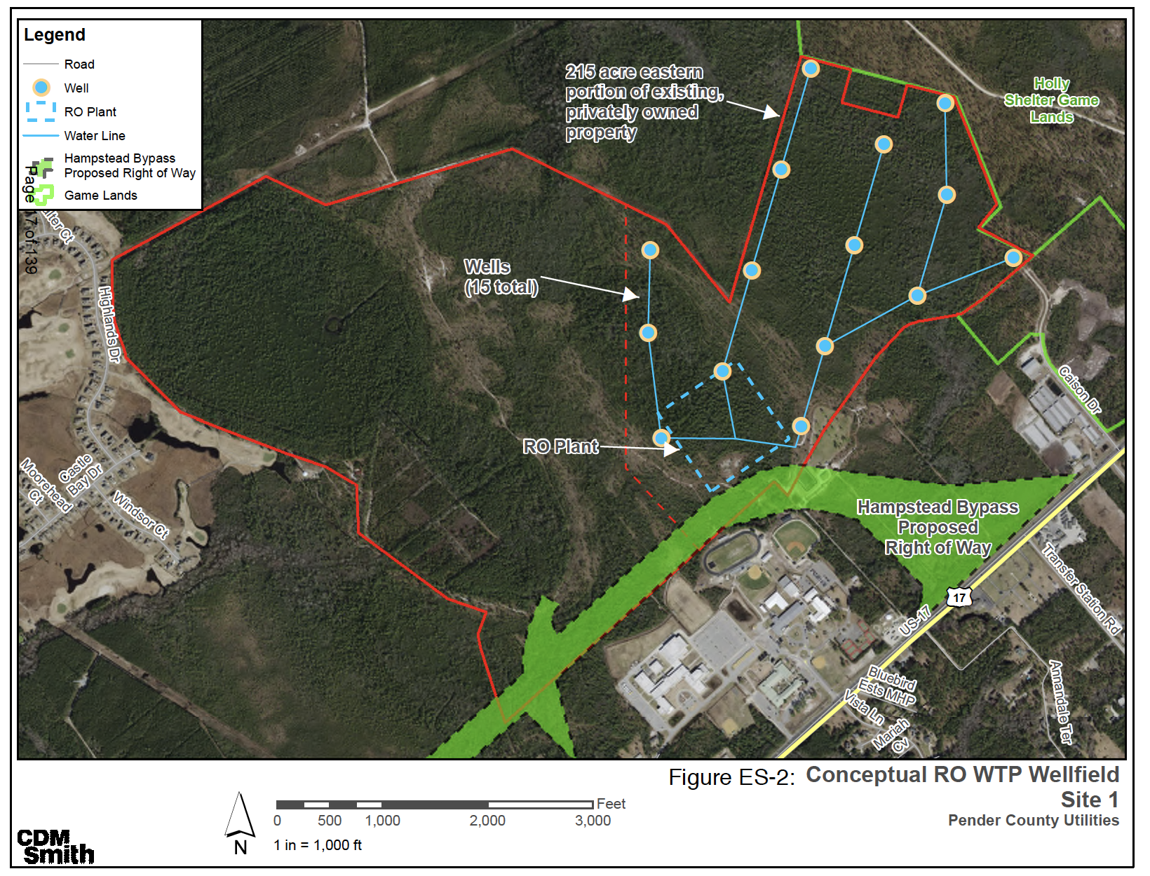A conceptual map of a new groundwater treatment plant in Hampstead adjacent to Topsail High School and the future Hampstead Bypass northern bypass. (Port City Daily/Courtesy Pender County)