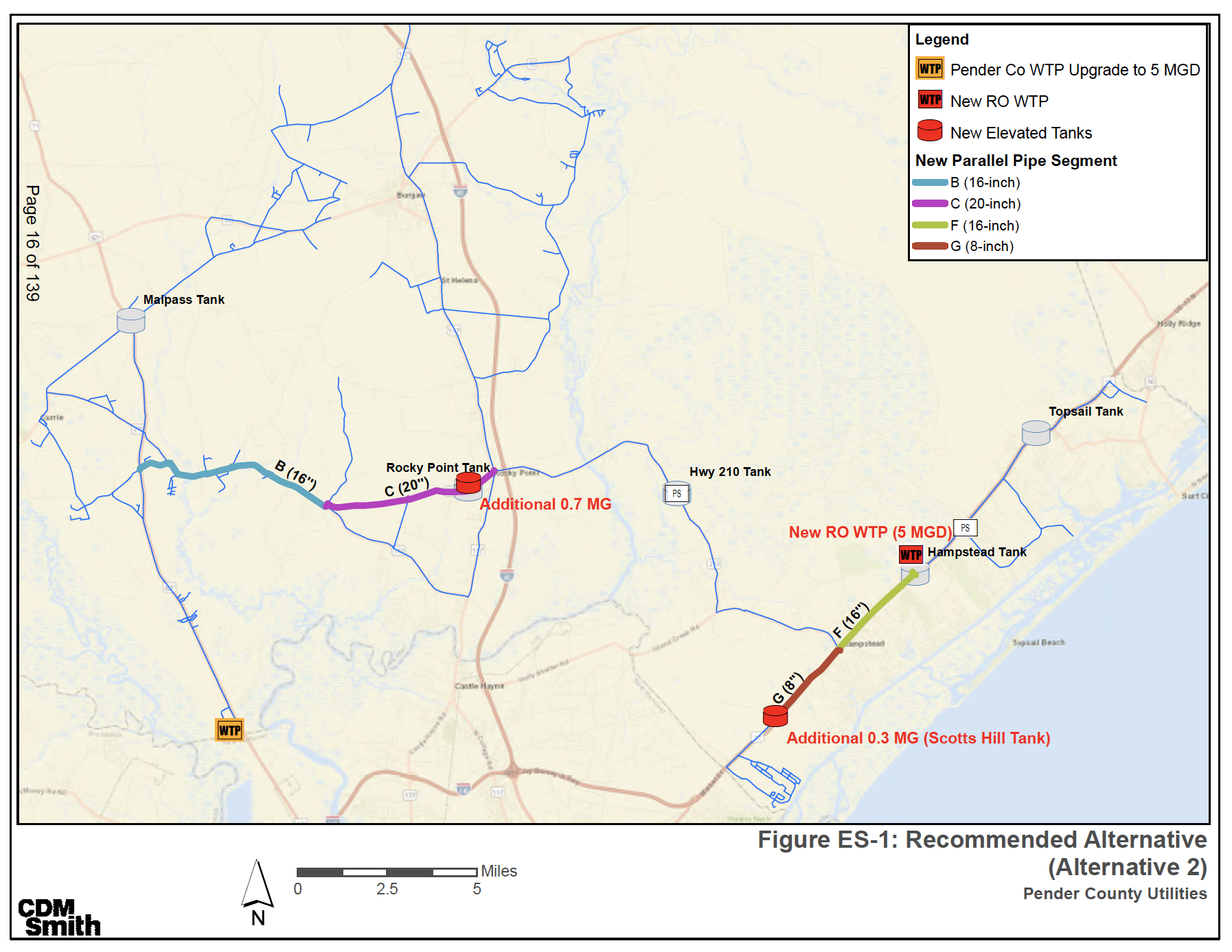 "Alternative 2" calls for a new groundwater treatment plant in Hampstead, new tanks in Rocky Point and Scotts Hill, new parallel pipes coming from western portions of the county, and upgrading capacity at the current water treatment plant (WTP) from 2 mgd to 6 mgd. (Port City Daily/Courtesy CDM Smith)