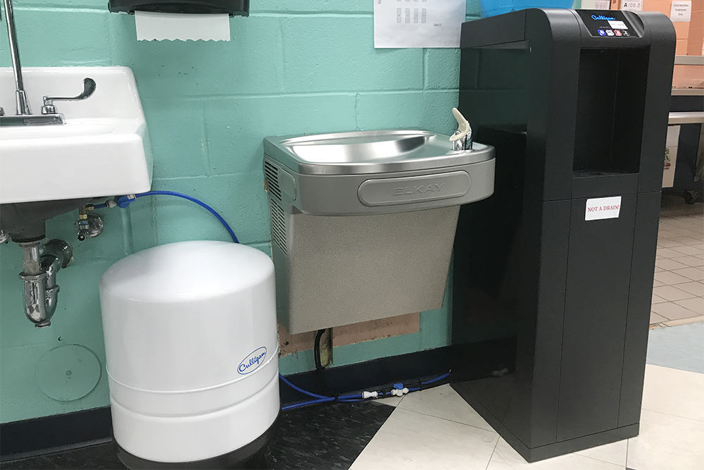 A Culligan reverse osmosis water filling station installed at Belville Elementary. The school is pilot testing the equipment this week, with system-wide implementation planned once a vendor is chosen. (Port City Daily photo/Courtesy Daniel Seamans)