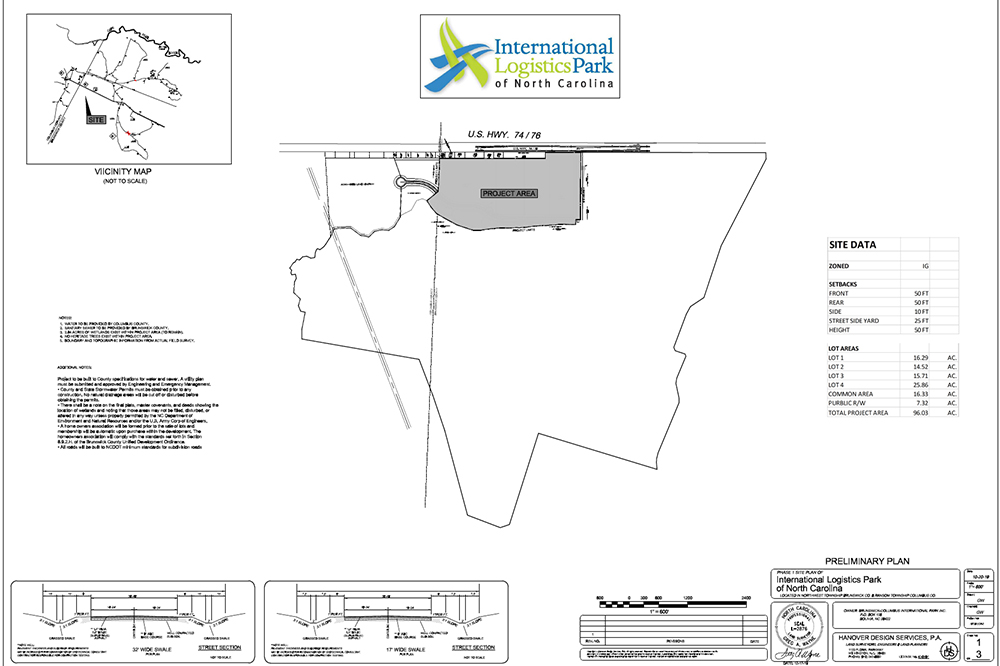 A preliminary site plan for a portion of International Logistics Park in Brunswick County was approved, featuring conceptual renderings for prospective industrial clients. (Port City Daily photo/Courtesy Brunswick County)