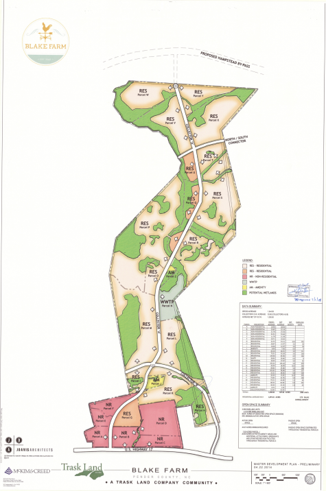 The Blake Farm development was approved in July 2014 to include nearly 3,000 residential units (marked in white and brown) and 250,000 square feet of commercial space (marked in red). (Courtesy Pender County Planning Department)