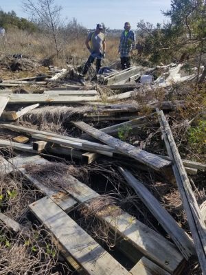 Volunteers help remove debris from a marshland area near Topsail Island. (Port City Daily photo/Courtesy Joe Huie)