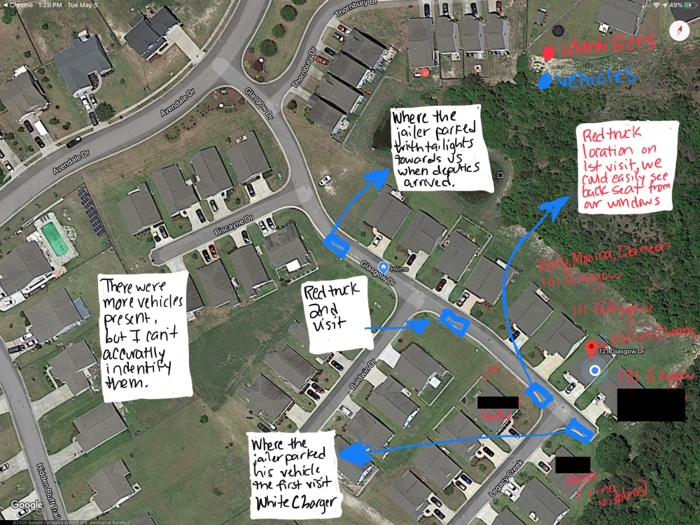 Neighbor Kelly Estes diagrammed a detailed map of the location of key vehicles and homes that night, including where Jordan Kita parked and the Shepard residence. (Port City Daily photo/Courtesy Kelly Estes)
