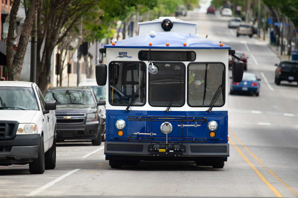 A Wave Transit bus operator wears a mask in downtown Wilmington as the service continues to operate during the coronavirus pandemic. (Port City Daily photo/Mark Darrough)