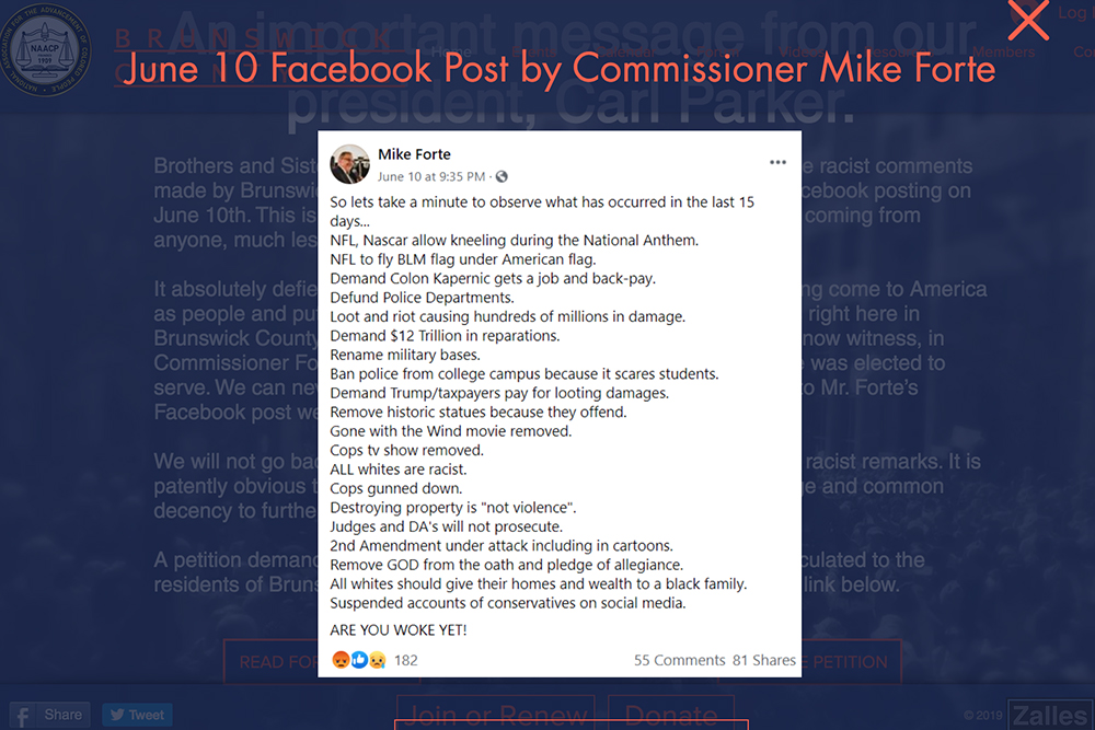 On June 10, Brunswick County Commissioner Mike Forte posted on Facebook, prompting local organizations and more than 1,200 people to call for his resignation. (Port City Daily screenshot/BrunswickNAACP.org)