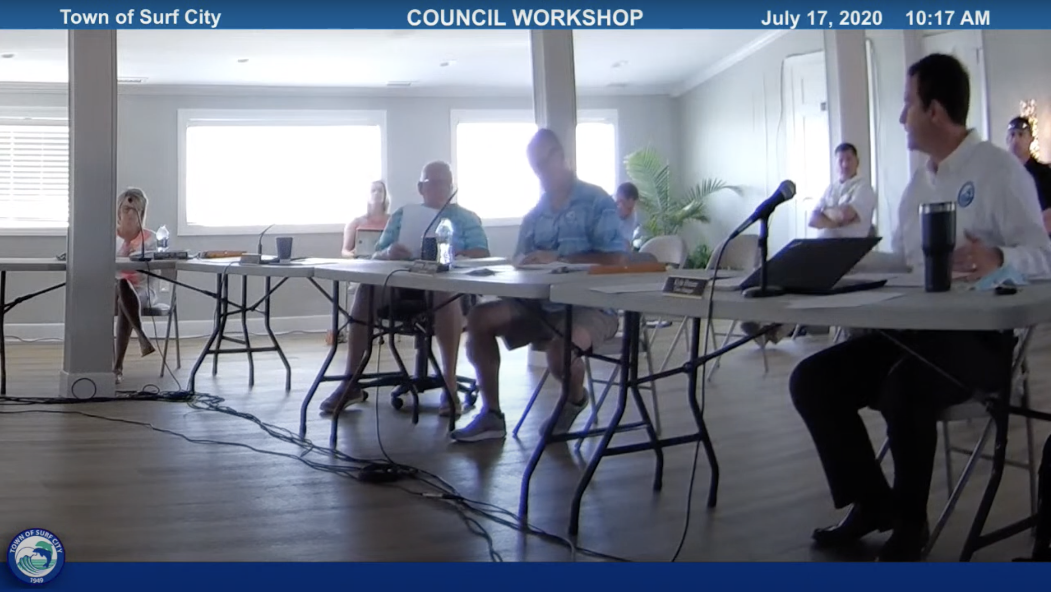 Surf City Town Manager Kyle Breuer, right, proposes new personnel policies -- including whistleblower and non-discrimination policies -- at a Council workshop meeting last week. (Port City Daily photo/Courtesy Town of Surf City)