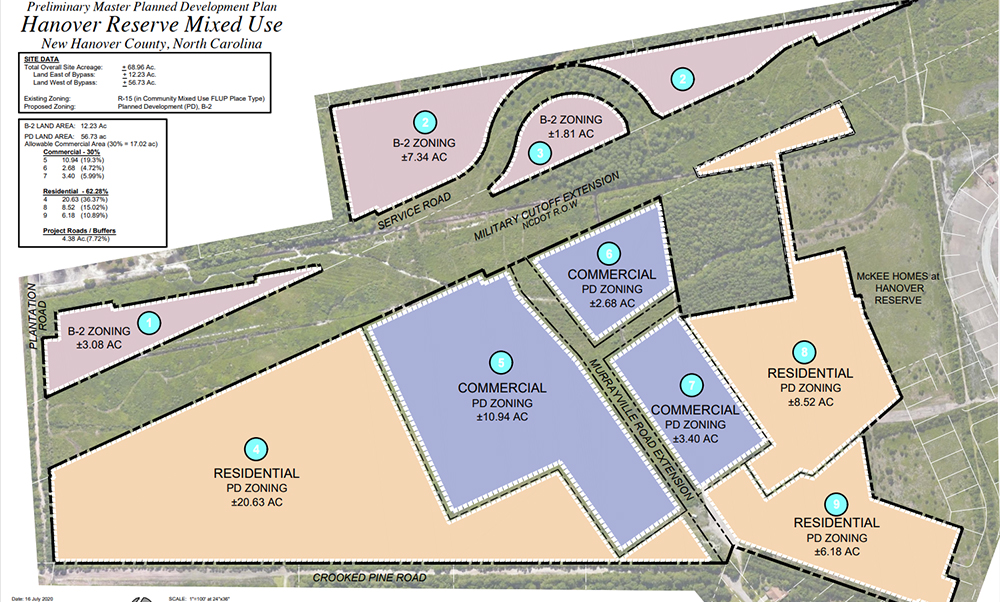 The preliminary site plan for Hanover Reserve shows developers plan to introduce commercial nodes accessible from the planned Military Cutoff Extension project. (Port City Daily photo/Courtesy New Hanover County)