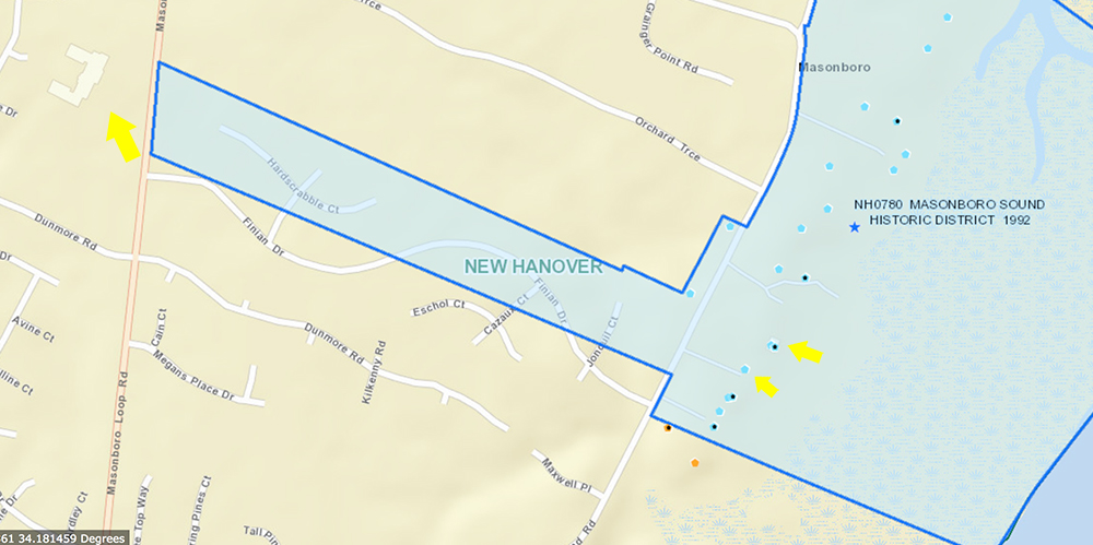 The eldest Walter L. Parsley's estate known as "Live Oaks" stretched more than one mile from the sound to where the elementary school now stands. This stretch of land is included in the official Masonboro Sound Historic District. (Port City Daily screenshot/Courtesty N.C. Department of Cultural and Natural Resources), edited by PCD)