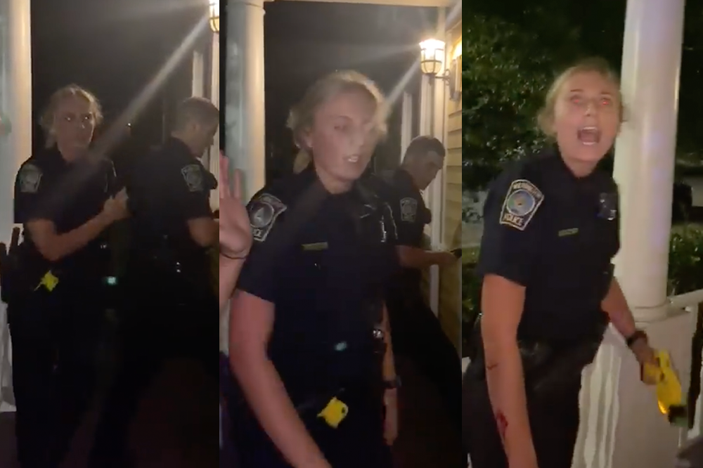 From left, two images of a WPD officer show no cuts to her right arm. Moments after the camera was knocked down and the sound of broken glass is heard, the officer's arm is seen bleeding. (Port City Daily photo/Courtesy Facebook)