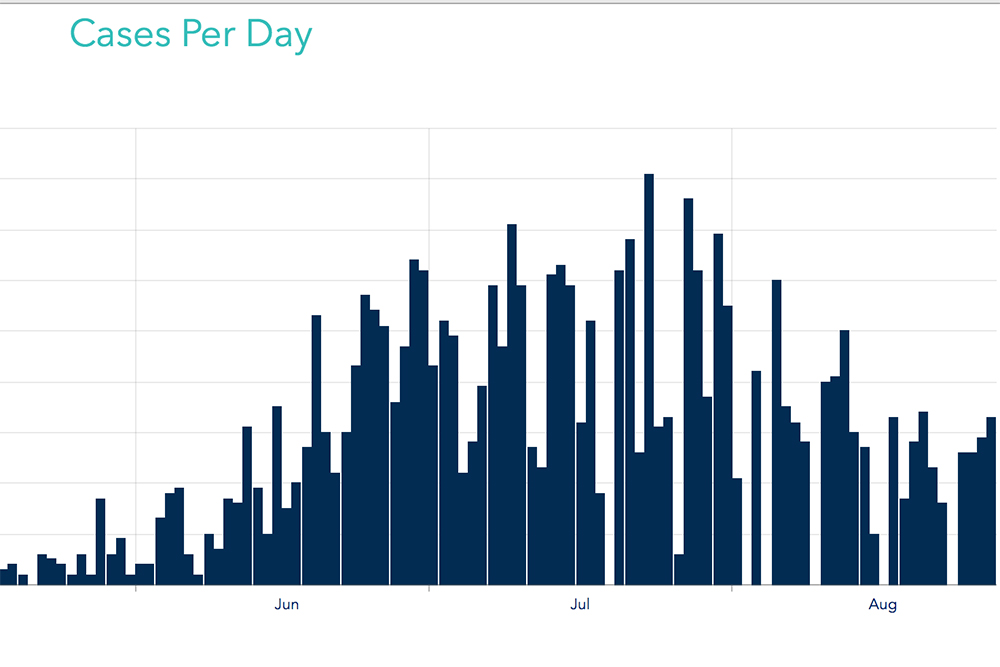 The amount of new positive Covid-19 cases identified daily has taken a dip this month. (Port City Daily graph/Courtesy New Hanover County) 