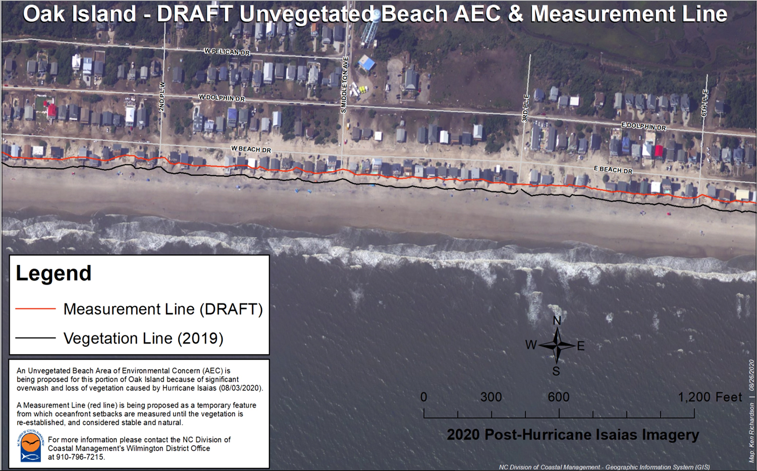 One section of DCM's proposed Uvegetated Beach Area of Concern, which shows the previous vegetation line in black with the proposed new measurement line in red. Oceanfront construction setbacks, per CAMA rules, must be at least 60 feet from this measurement line. (Port City Daily photo/Courtesy DCM)
