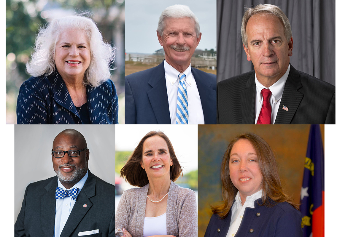 (Clockwise from top left) Deb Hays, Bill Rivenbark, Skip Watkins, Jonathan Barfield, Jr., Leslie Cohen, and Kyle Horton are all running for a seat on the New Hanover County Board of Commissioners. (Port City Daily photo/Courtesy of the candidates)