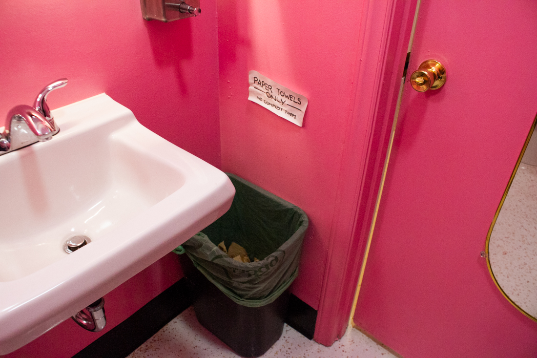 Bins in the women's restroom at Sealevel City Vegan Diner are dedicated to composting. (Port City Daily photo/Johanna F. Still) 