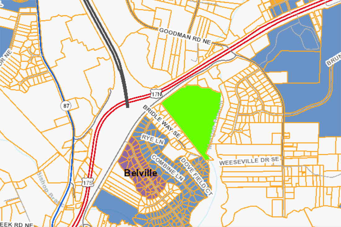 The Town of Leland will consider a voluntary annexation petition from a real estate company pertaining to a large undeveloped parcel located off Hazels Branch Road. (Port City Daily screenshot/Courtesy of GIS, edited by PCD)