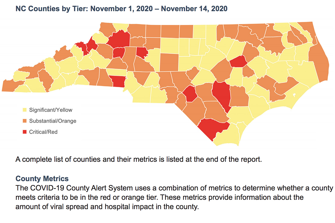 The state's new mapping system highlights Covid-19 hot spot areas and makes recommendations to county leaders. (Port City Daily photo/Courtesy NCDHHS)