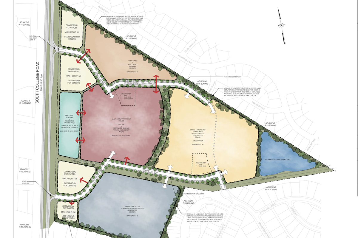 Plans for Whiskey Branch include a mixed use building, apartments, single-family homes, and office and retail space located off South College Road. (Port City Daily photo/Courtesy New Hanover County)