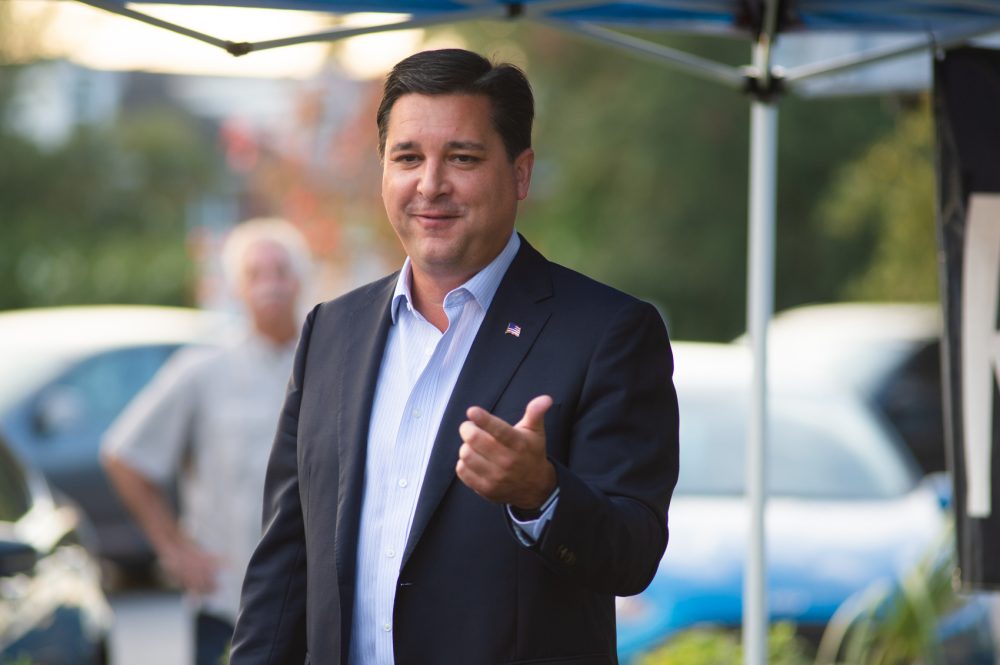 U.S. Representative David Rouzer speaks at a Trump rally last week. (Port City Daily photo/Mark Darrough)