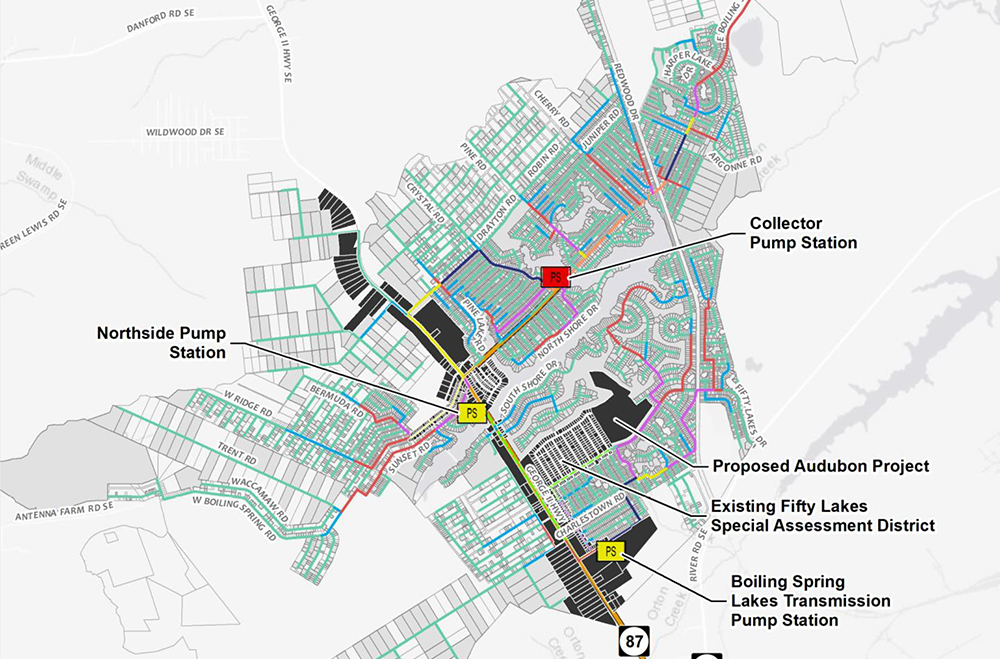 In black, lots currently served by the county's public sewer system that stretches down Highway 87. In turquoise, areas of Boiling Spring Lakes that would be served by public sewer if the county implements a recent sewer master plan, presented earlier this month. (Port City Daily graphic/Courtesy Brunswick County)