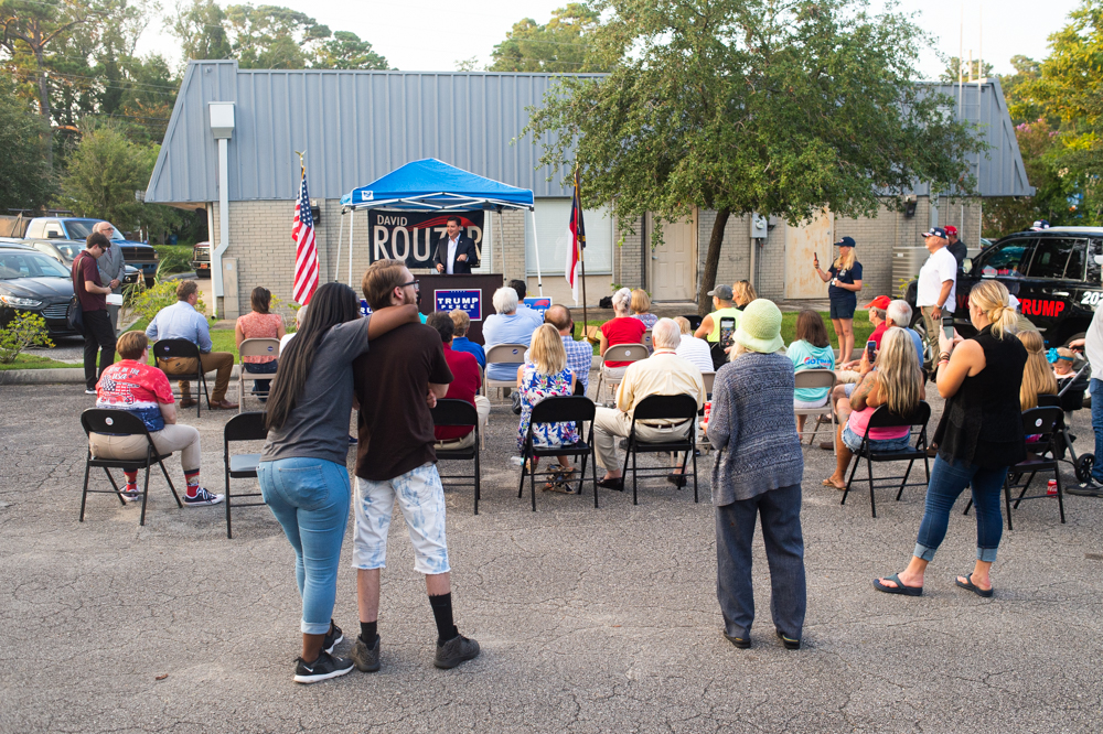Rally attendees listen to Congressman David Rouzer speak at a MAGA rally Wednesday evening. (Port City Daily photo/Mark Darrough)