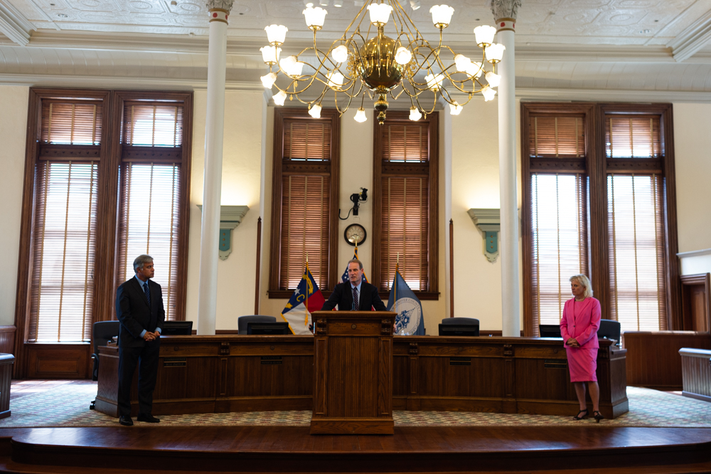 Mayor Bill Saffo, District Attorney Ben David, and New Hanover County Chairwoman Julia Olson-Boseman at the joint city and county press conference Tuesday afternoon. (Port City Daily photo/Mark Darrough)