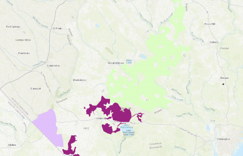 A USDA map shows approved ReConnect project areas of Columbus, Bladen, and Duplin Counties. Purple areas represent a 50% grant-50% loan project, light purple areas are still under review, and green areas are 100% funded by the grant. (Map courtesy USDA)