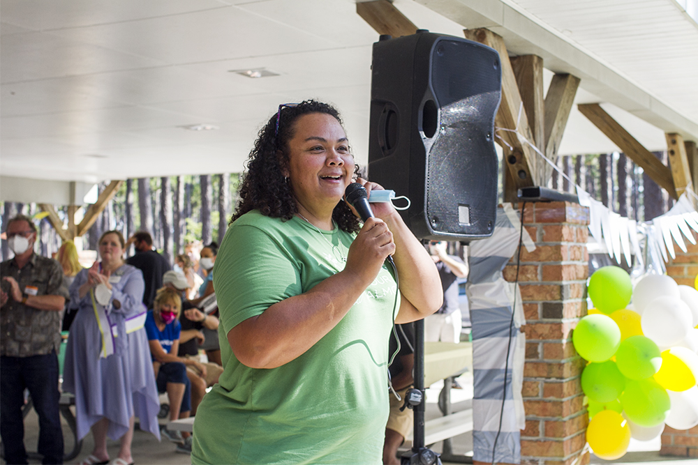 Franchon Francees, the granddaughter of Civil Rights leader and member of the Greensboro Four Major General Joseph McNeil, addresses the crowd at the ILM Sit in. (Port City Daily photo/Johanna F. Still)